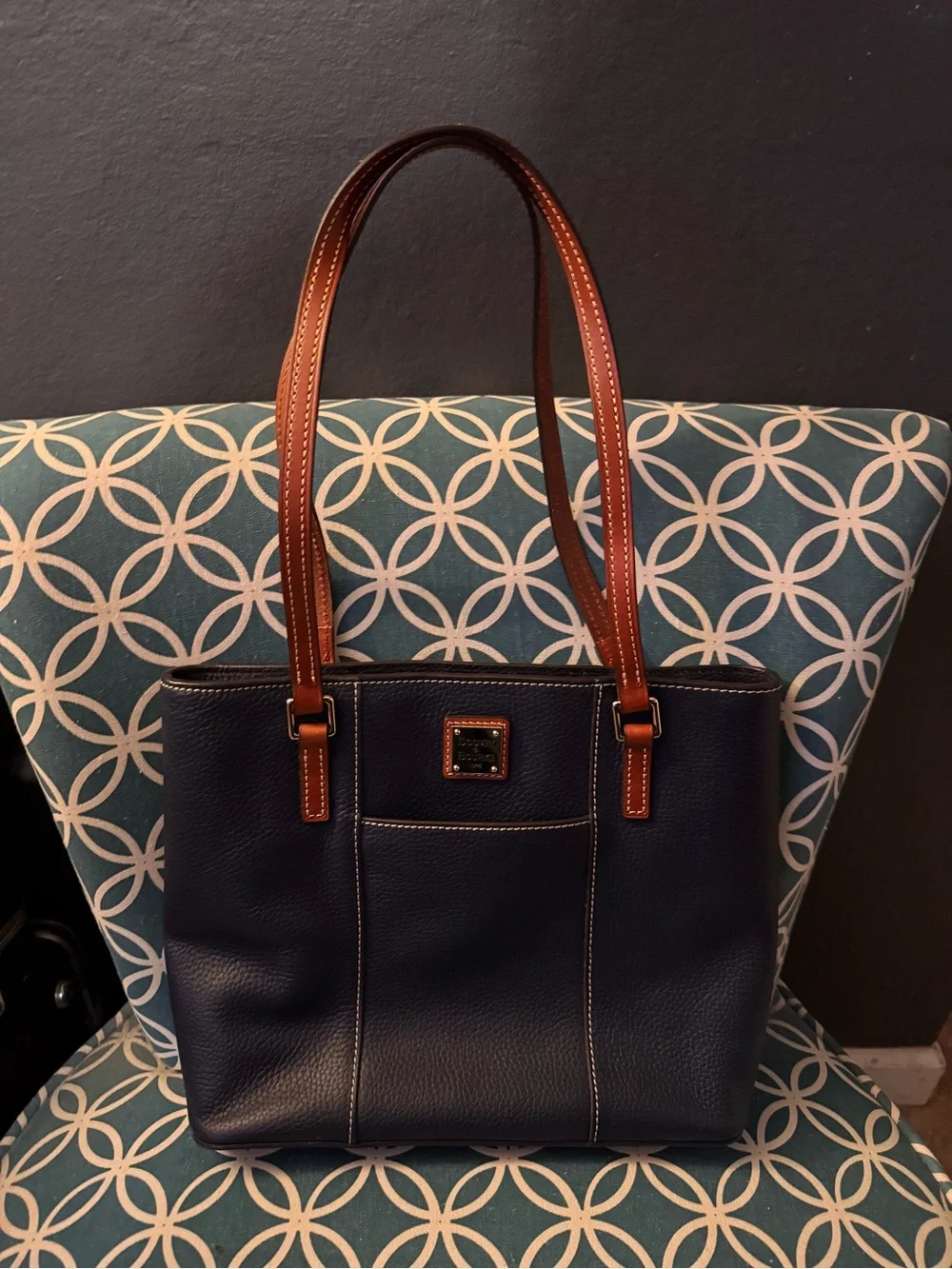 Women’s Navy Leather Tote with Brown Straps